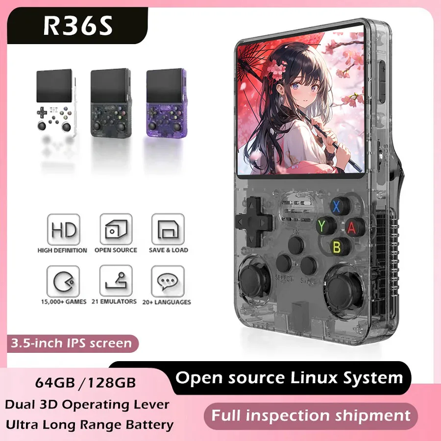 

128G R36S Retro Handheld Video Game Console Open Source 3.5inch IPS Screen Portable Pocket Video Player 64GB Games for Kid Gifts
