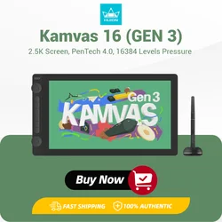 15.8 Inch HUION Kamvas 16(GEN 3) Graphics Tablet 2.5K Screen Drawing Display with PenTech 4.0 16384 Levels Battery-free Pen