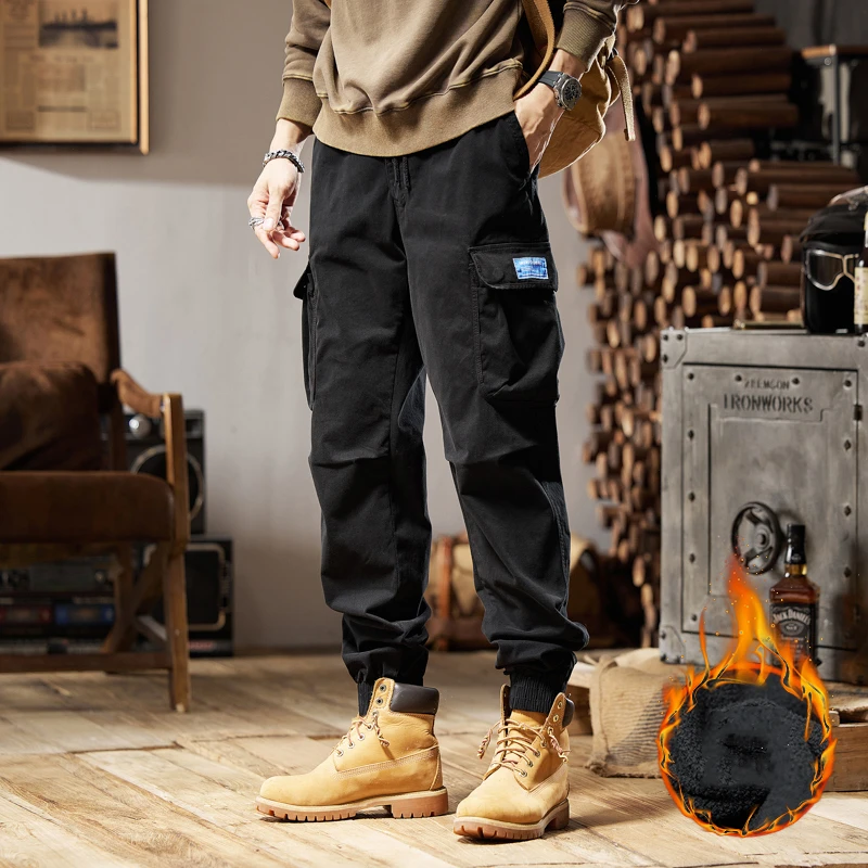 BAPAI-pantalones Cargo con múltiples bolsillos para hombre, pantalones militares cálidos de lana, pantalones tácticos para exteriores, pantalones Cargo Y2k, Invierno