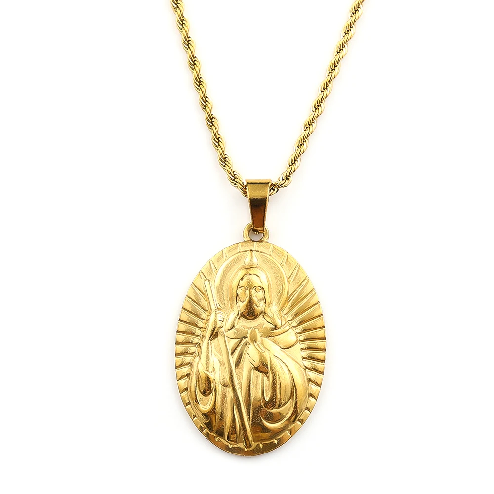 Catholic San Judas Tadeo Oval Medal Pendant Necklace Stainless Steel Gold Color Saint Jude Thaddeus Chain Amulet Jewelry Gift