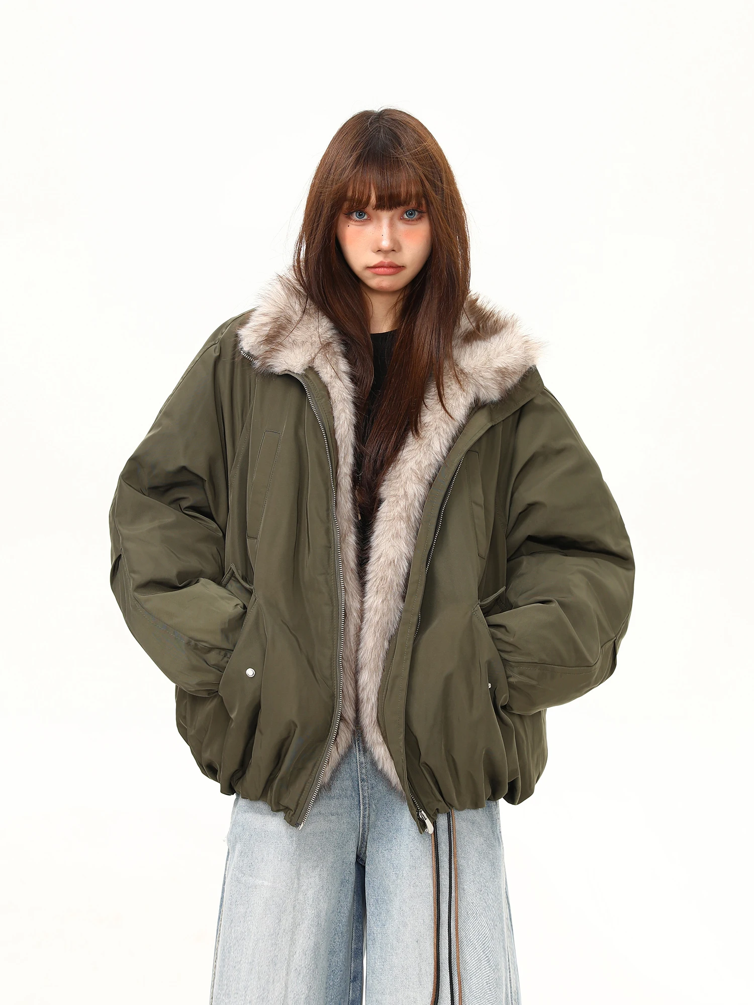 

Wild Azzi Women's Thiened Cotton Jaet Winter Warm Plu Faionable Retro American Sle Streetwear Loose Fit Zipper Closure