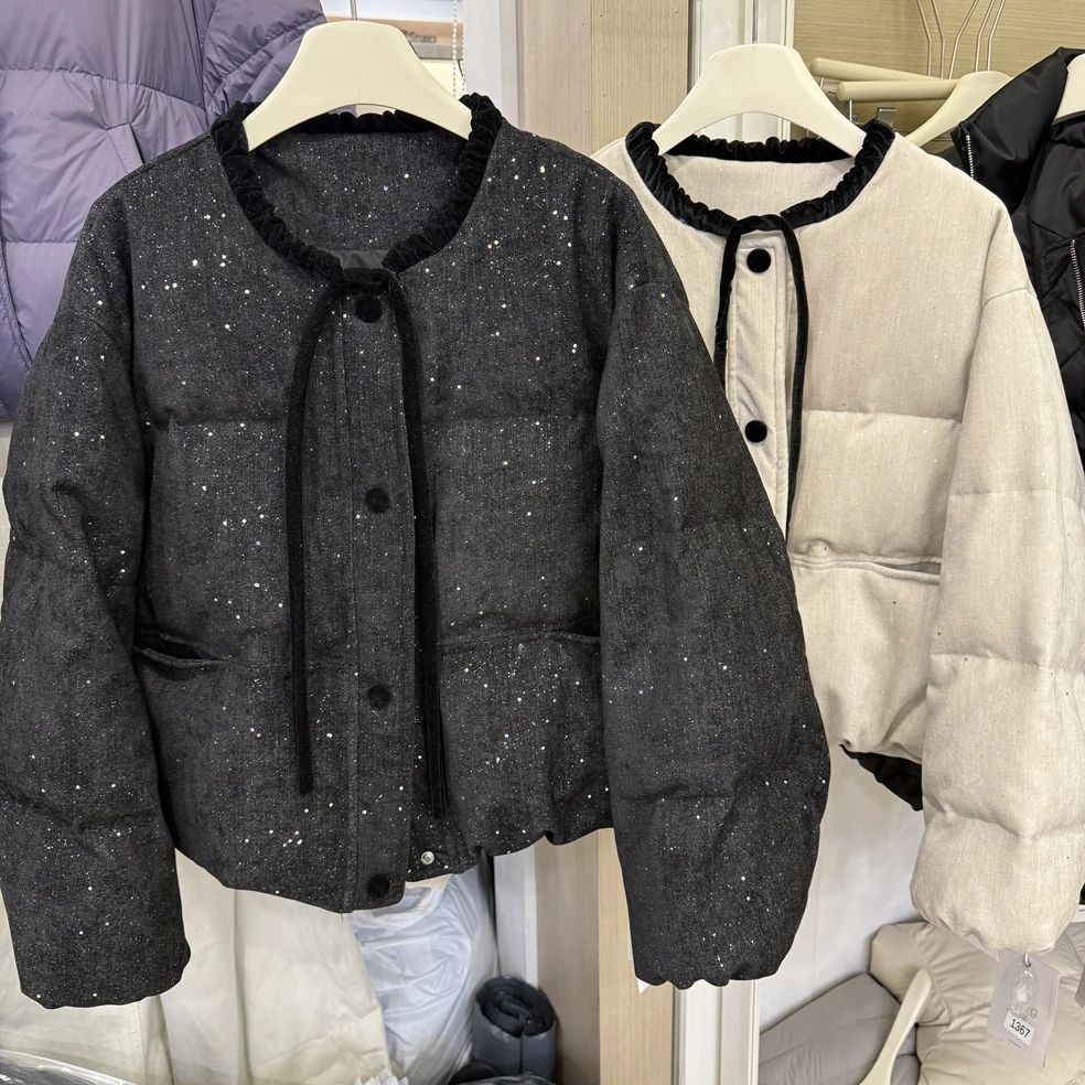 

Women's Elegant Ruffled O Neck Sequined White Duck Down Coat Lady Autumn Winter Thick Warm Bling Bling Down Outwear Top