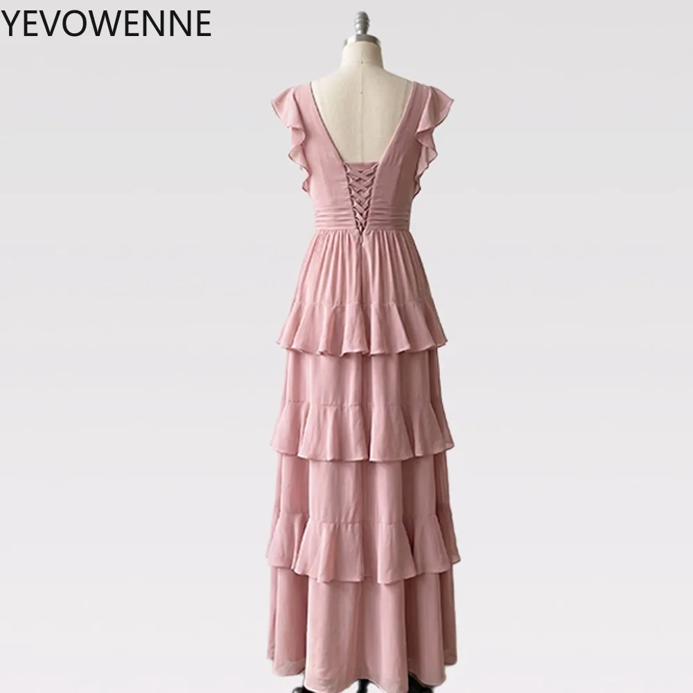 Sweet Ruffles Bridesmaid Dress Tiered Sexy V Neck Prom Dresses for Women Elegant Chiffon Side Split Wedding Guest Gowns