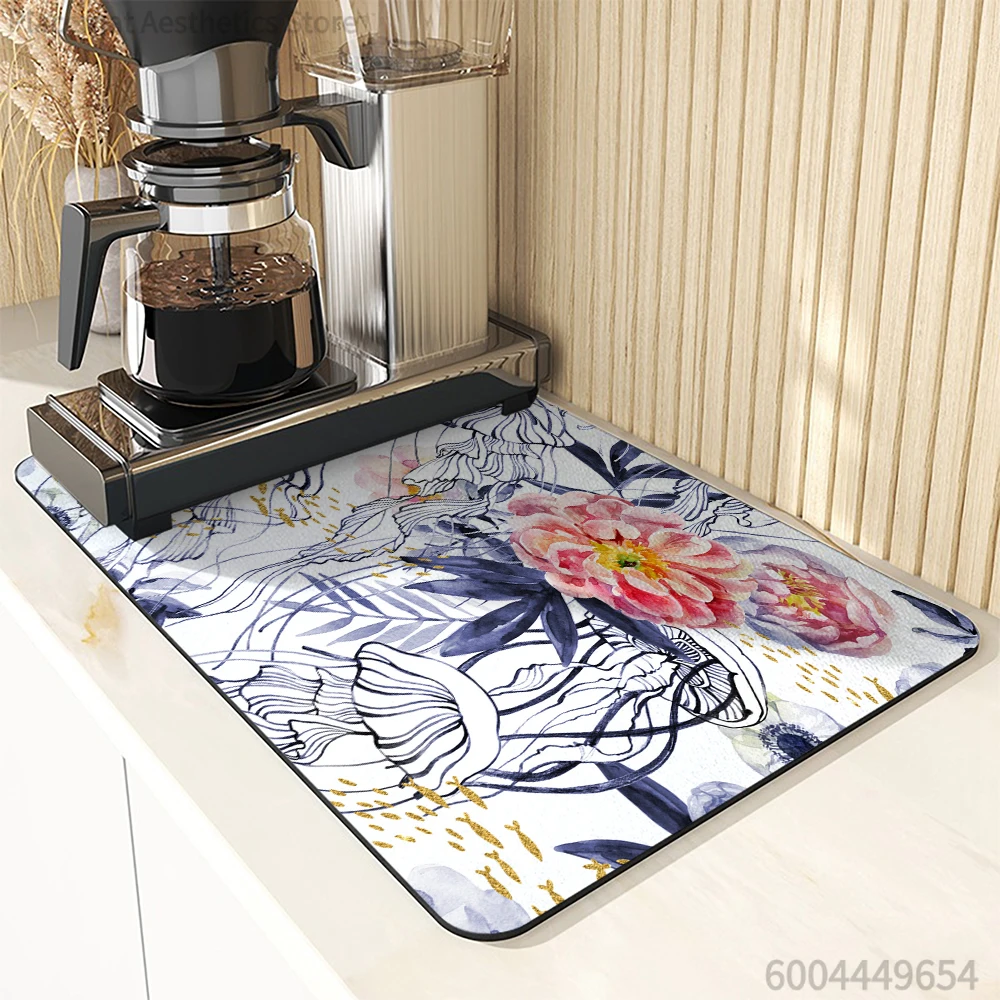 Coffee Tablewear Drain Pad Tropical Plants Bathroom Square Absorbing Anti-slip Dry Mat  Placemat Dishes Cup Splash Proof Drainer