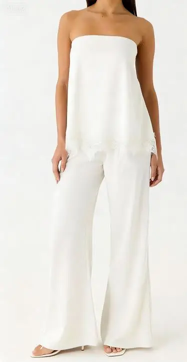 2-teiliges Sommer-Outfit für Damen, trägerloses, ärmelloses, mit Spitzenbesatz versehenes Patchwork-Röhrenoberteil und Hose mit weitem Bein