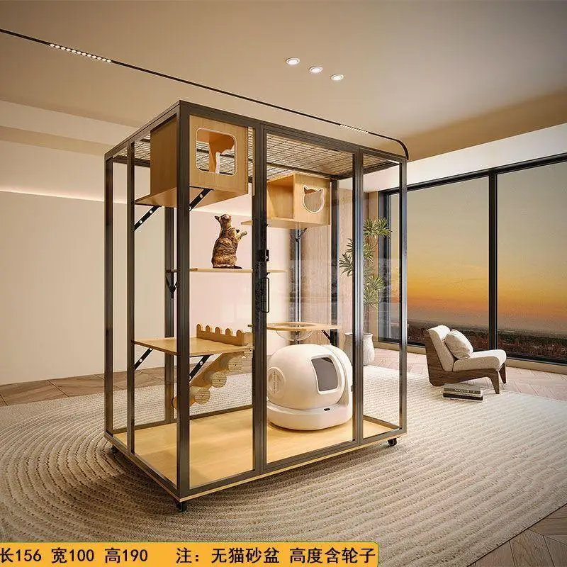 Panoramic cat villa oversized household cat cage solid wood villa large interior luxury glass