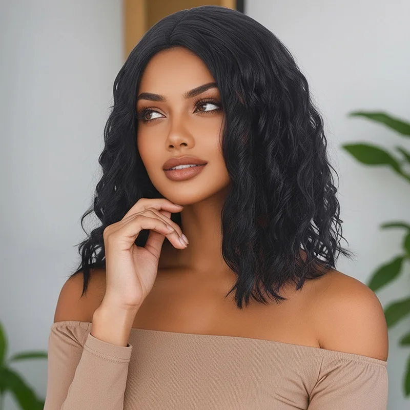 Foreign trade wig, European and American,shoulder length, short curly hair, slightly curly, medium long hair-Synthetic fiber wig