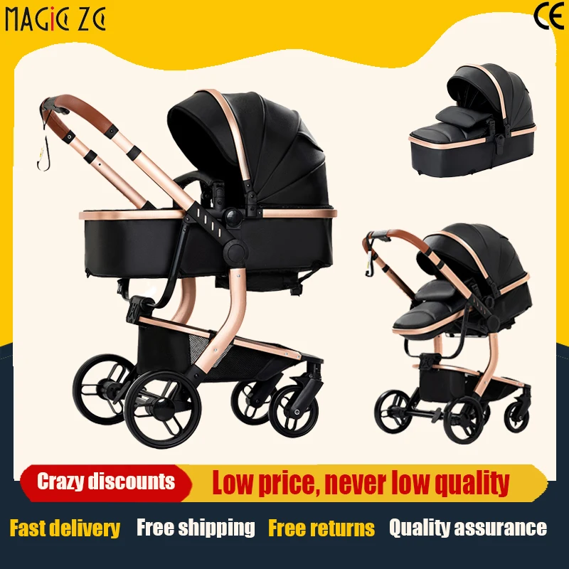 

Deluxe Stroller 2-in-1 PU Leather Waterproof Pram with Canopy Storage Basket Travel System Aluminum Frame Folding Pushchair