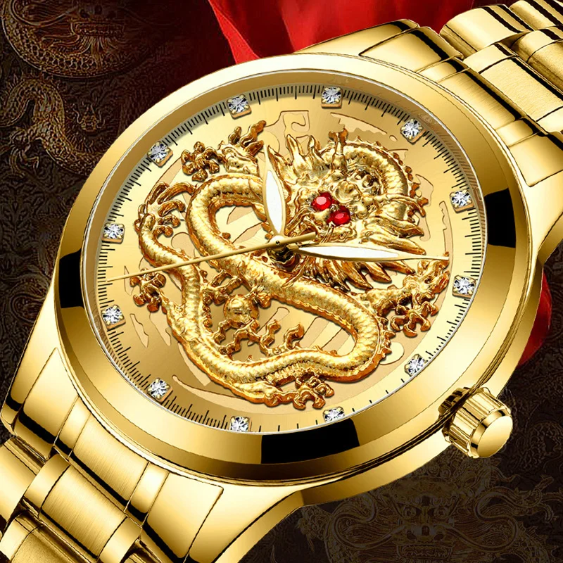 Reloj FNGEEN de lujo ultrafino para hombre, reloj de cuarzo con diseño de dragón luminoso, Color dorado, banda de acero inoxidable, reloj clásico para hombre