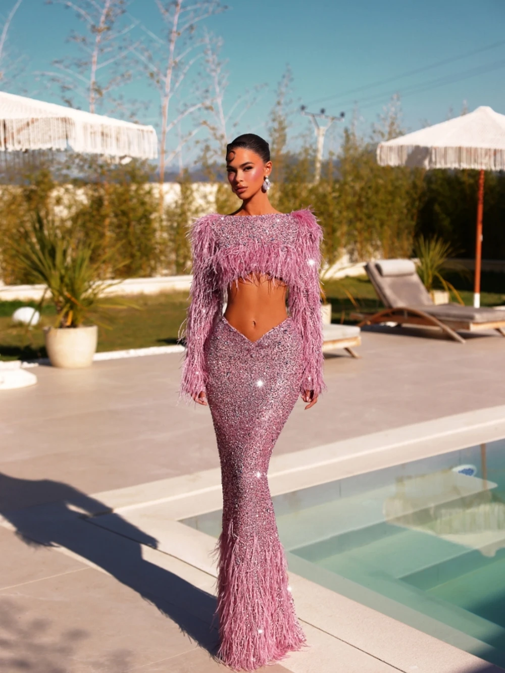 Duas peças roxo luxo cristal vestido de noite sonhador lantejoulas penas vestido de festa de casamento personalizado em linha reta longo vestidos de baile