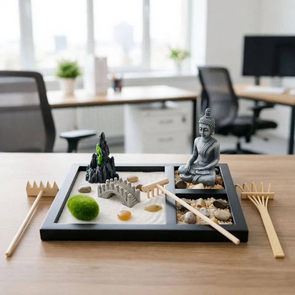Zen Sand Garden - Décoration de bureau, cadeau de méditation, kit de relaxation pour salle de yoga, kit anti-stress DIY, paysage miniature japonais pour la pleine conscience