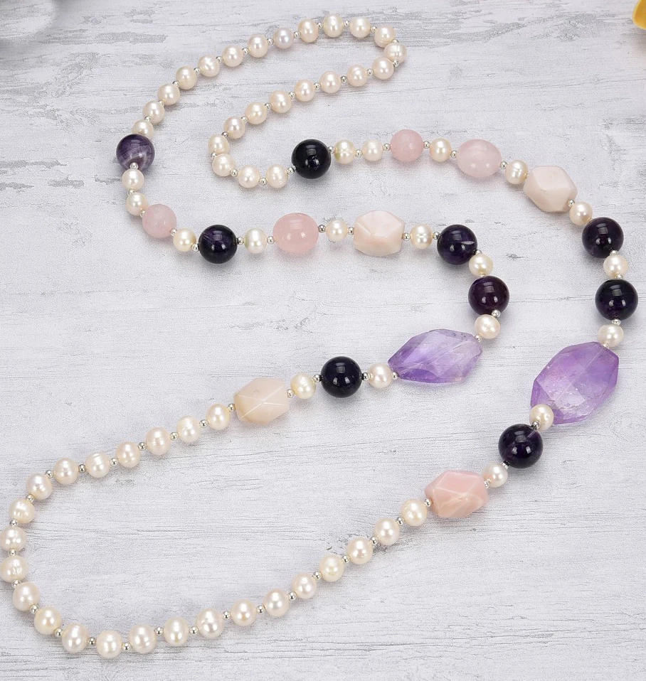 HABITOO Natural White Pearl Rose Quartz Amethyst Pink Opal Gems Stone Necklace 42