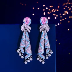 CWWZircons Luxury Beautiful Pink Cubic Zirconia and Blue Turquoise Long Dangle Tassel Drop Wedding Bridal Party Earrings E1136