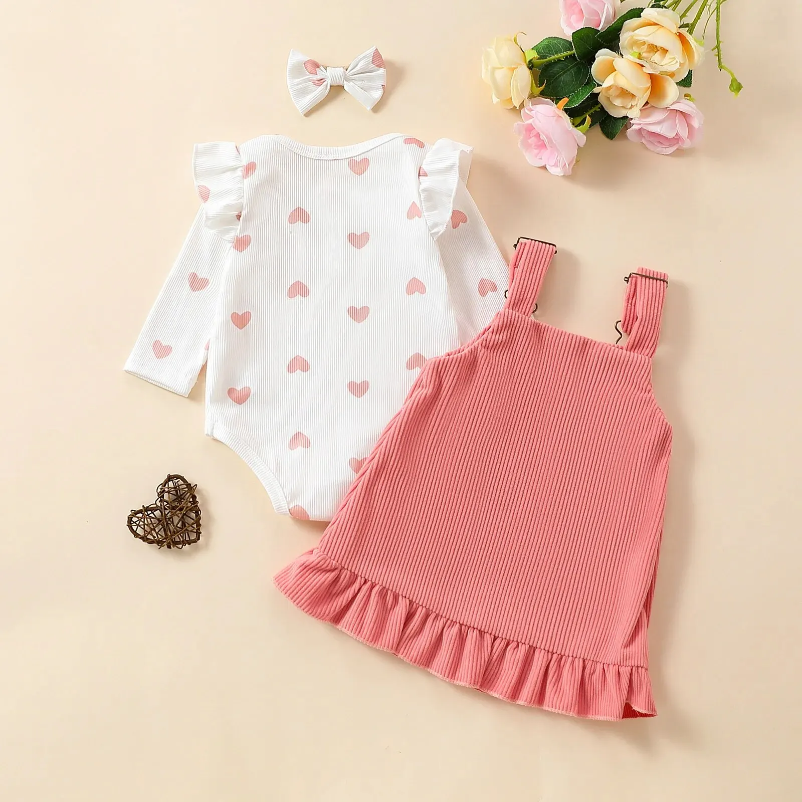 Summer Elegance: 3PCS Adorable Love Long Sleeves Suspender Dress Set - Comfortable, Medium-Stretch, Machine-Washable for Baby