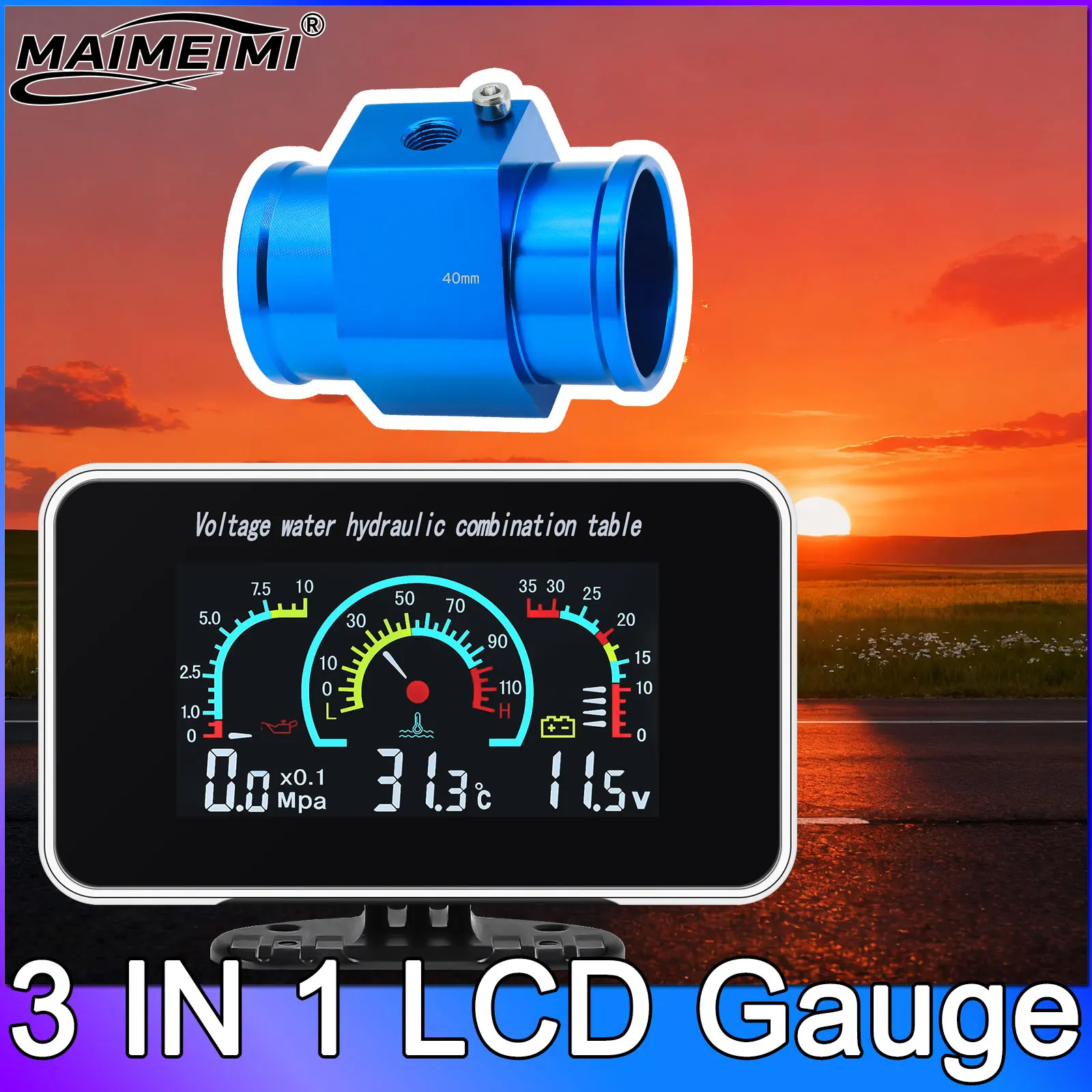 

3 IN 1 LCD Gauge Mulitifunctional Water Temperature Gauge with Sensor Adaptor Joint Pipe Radiator 26-40mm Oil Press Voltmeter