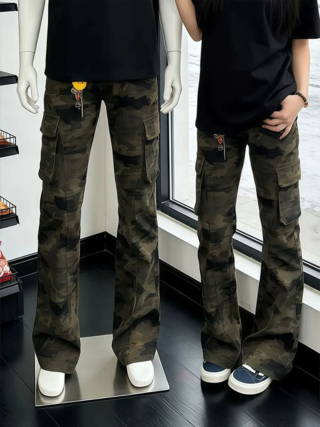 

American Camouflage Work Pants Men CleanFit Deconstructed Patchwork Flared Straight Leg Jeans Trendy Haome Rise up