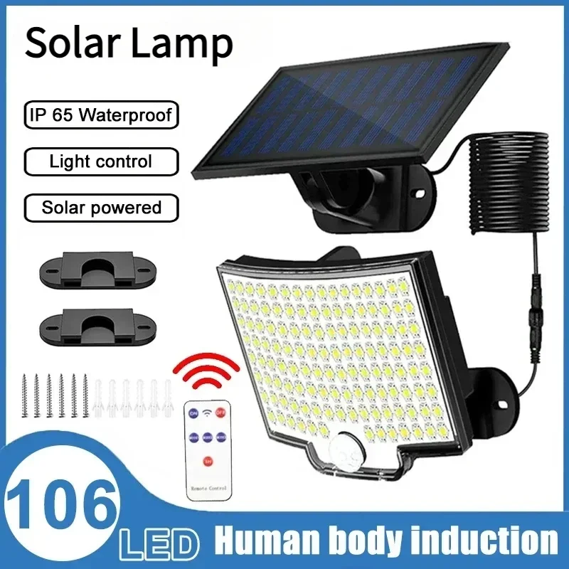 106 LED Solar Motion Light Outdoor Separate Panel Solar Flood Lights 4 Working Modes for Garden Garage Waterproof Wall Lights