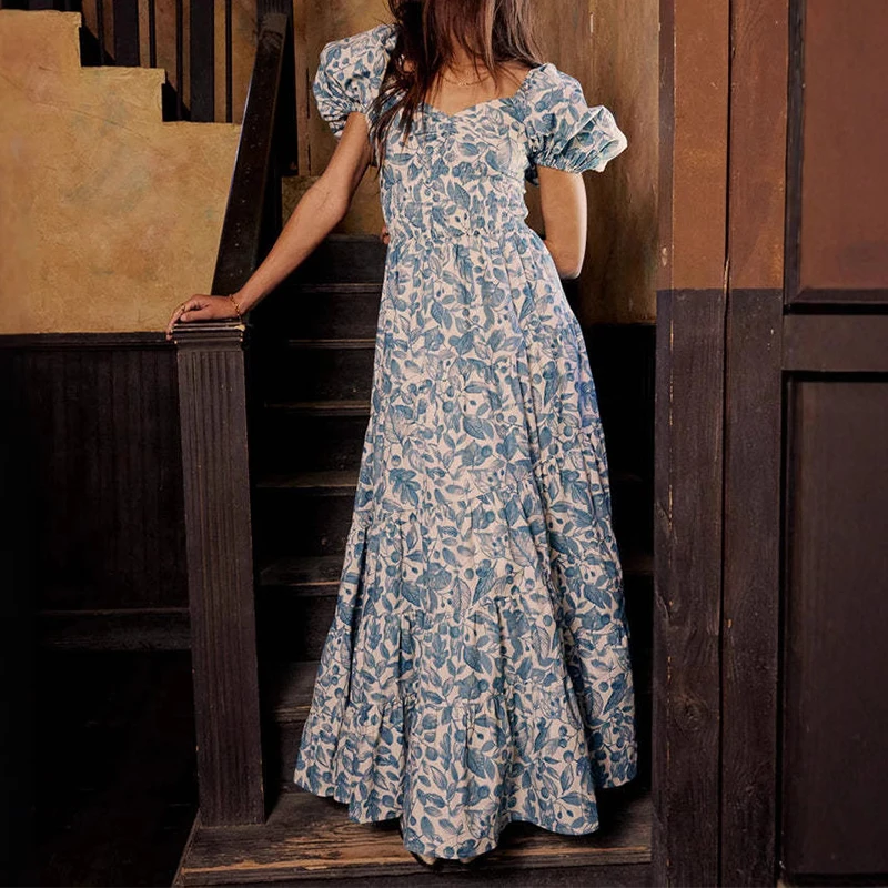 Mulheres verão gola quadrada vestido de férias 2025 chique floral impressão feminino vestido longo francês elegante puff manga balanço a linha vestido