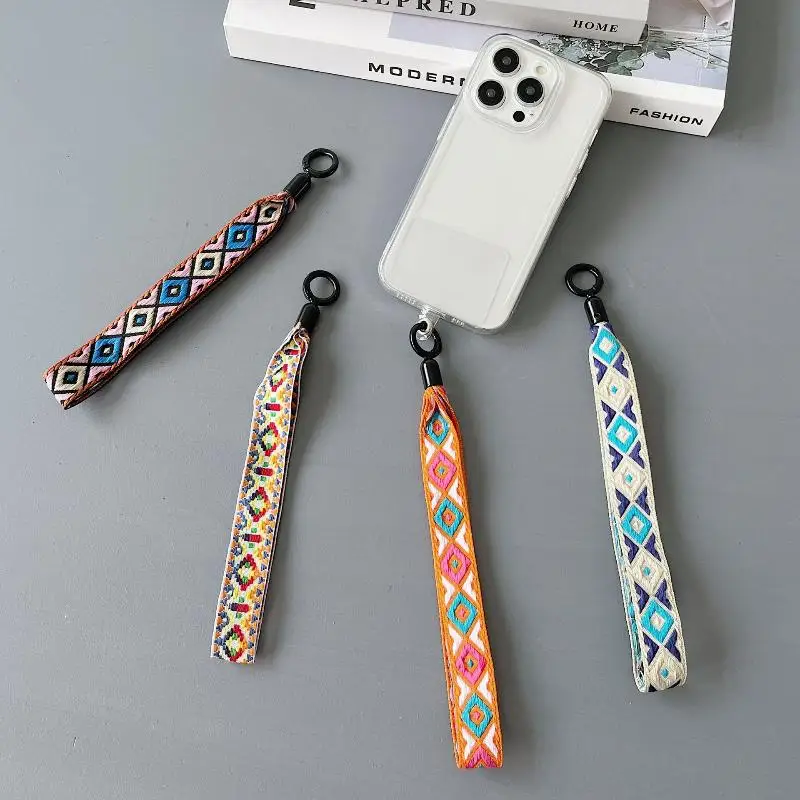 (BF06)Bohemian Phone Wrist Straps With Ethnic Geometric Patterns And Durable Metal Clasp Perfect For Daily Use Carrying Phones