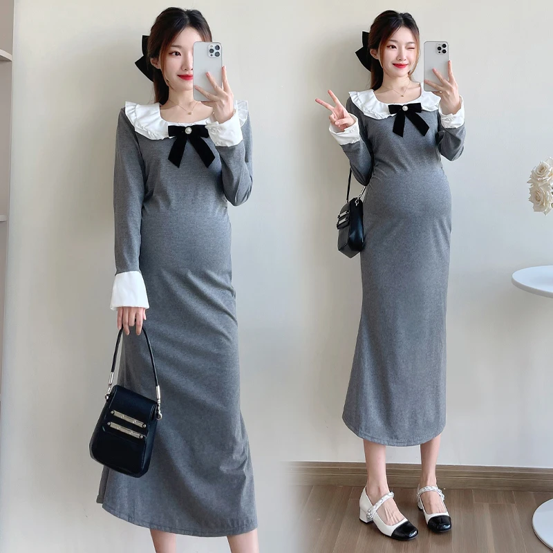 2024 Autumn Pregnant Woman Elegant Long Dress Sweet Bowknot Peter Pan Collar Maternity Brief Dress Pregnancy Clothes Black Grey