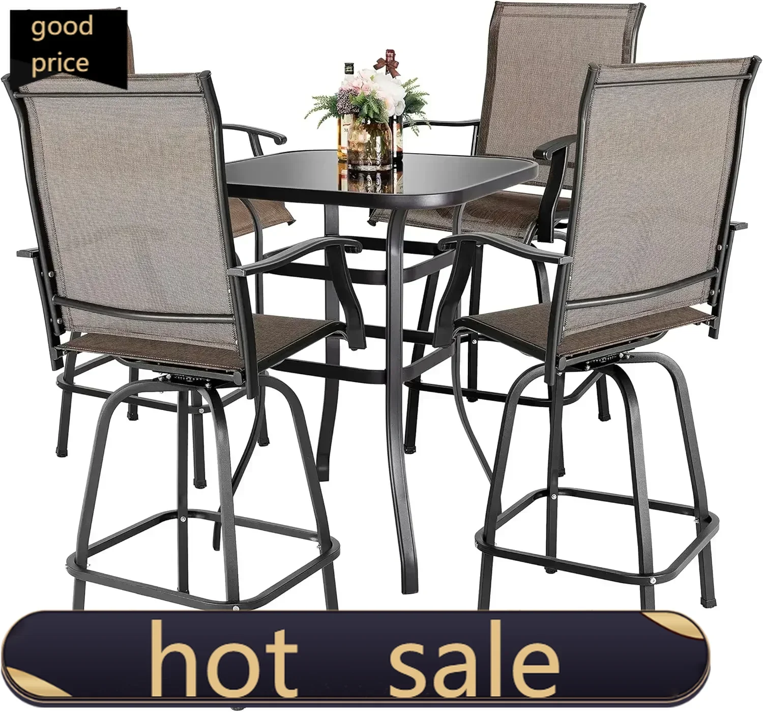 

BestsellerBestseller5 Piece Patio Bar Set with Square Silk Screen Bar Height Glass Table and 4 Counter Textilene Height Swivel C