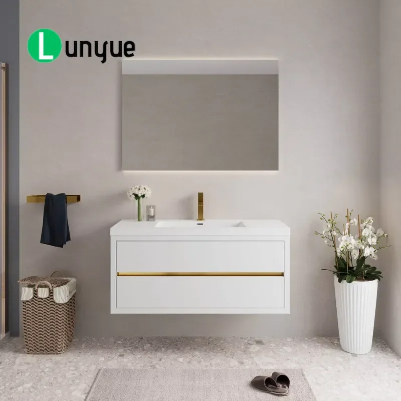 Wall Mounted Floating Bathroom Vanity Cabinet with Stone Resin Countertop Modern Storage Unit for Home Bathroom Decor Space