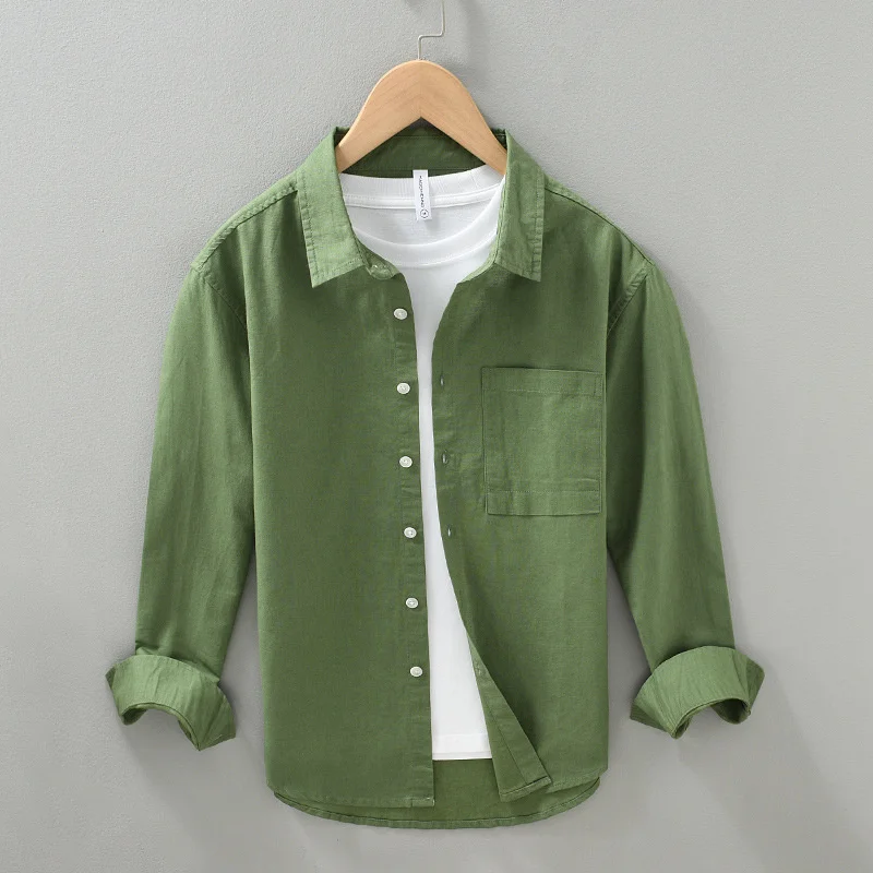 

2023ss Fashion Men Linen Cotton Simple Solid Color Basic Shirt Blouses Breathable Classical Long Sleeve Tops