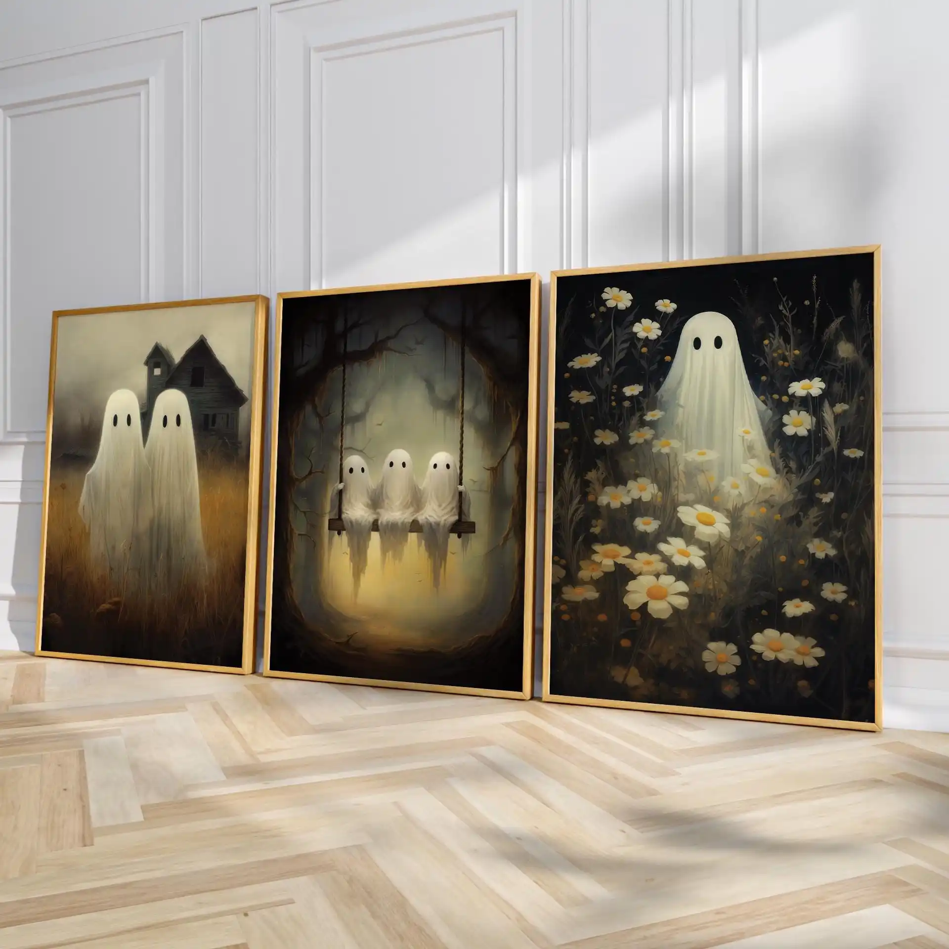3PCS Frameless,(3PCS Unframe)3Pcs Cute Spooky Halloween Floral Ghost Canvas Prints, Minimalist Pastel Wall Arts, Neutral Kids Ro