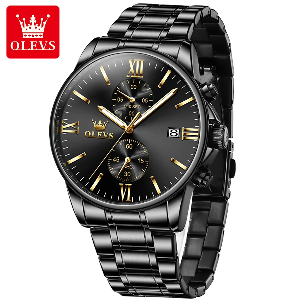 OLEVS 2886 Classic Black Quartz Watch for Men Elegant Chronograph Auto Date Clock Waterproof Luminous Top Brand Men\'s Wristwatch