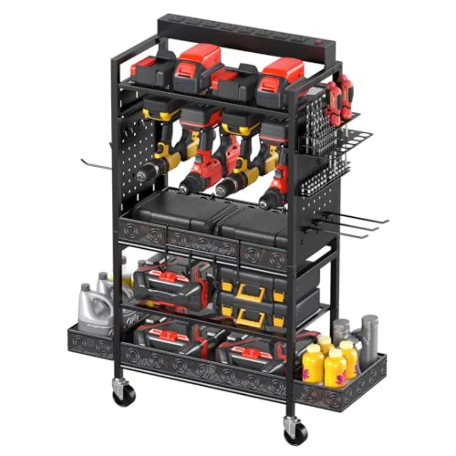 

Garage Power Tools Organizer Cart with Charging Station Floor Standing Rolling Drill and Tools Battery Storage Cart on Wheels.