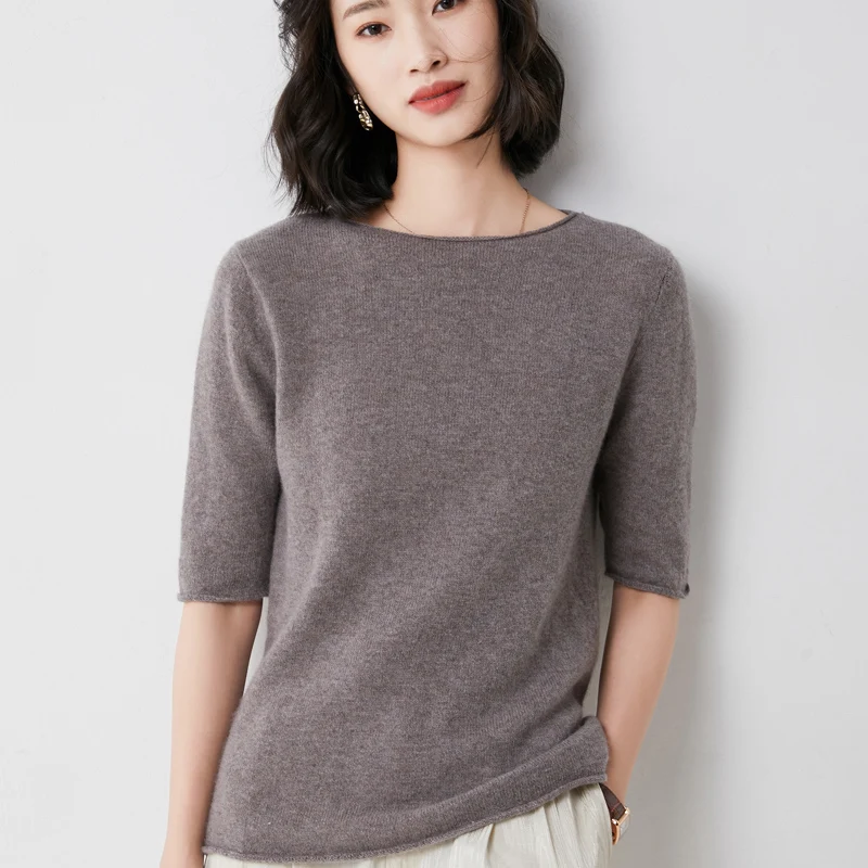 Rolled Round Neck Loose Five-Quarter Sleeve Top Women\'s Summer Mid-Sleeve Wool Knitted Sweater T-Shirt Suit With Short Sleeves