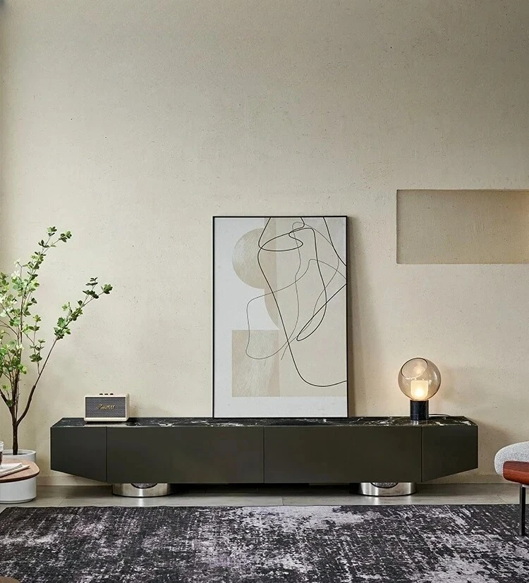 

Italian minimalist high-end natural marble living room TV cabinet modern light luxury solid wood floor cabinet coffee table