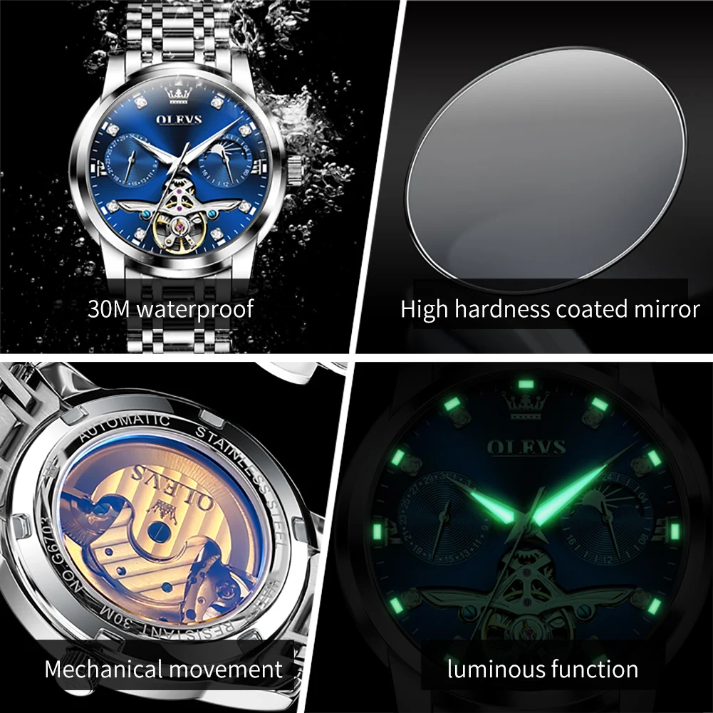 OLEVS Men\'s Watches Luxury Business Full Automatic Original Wristwatch Hollow Flywheel Movement Waterproof Luminous Moon Phase