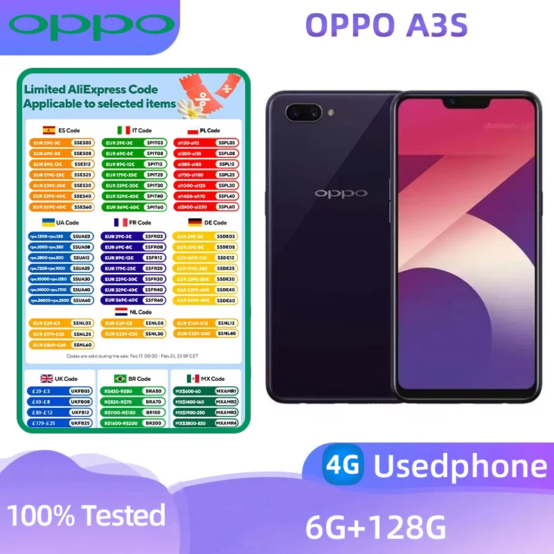 هاتف OPPO A3s 4G الذكي CPU Qualcomm Snapdragon 450 6.2 بوصة 4230 مللي أمبير في الساعة 13 ميجابكسل كاميرات أندرويد هاتف مستعمل