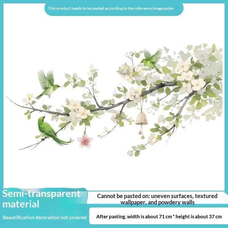 Pear Tree Branches Bird Wall Decal Bedroom Wall Art Decor Removable Self-Adhesive Fresh Plant Background Sticker