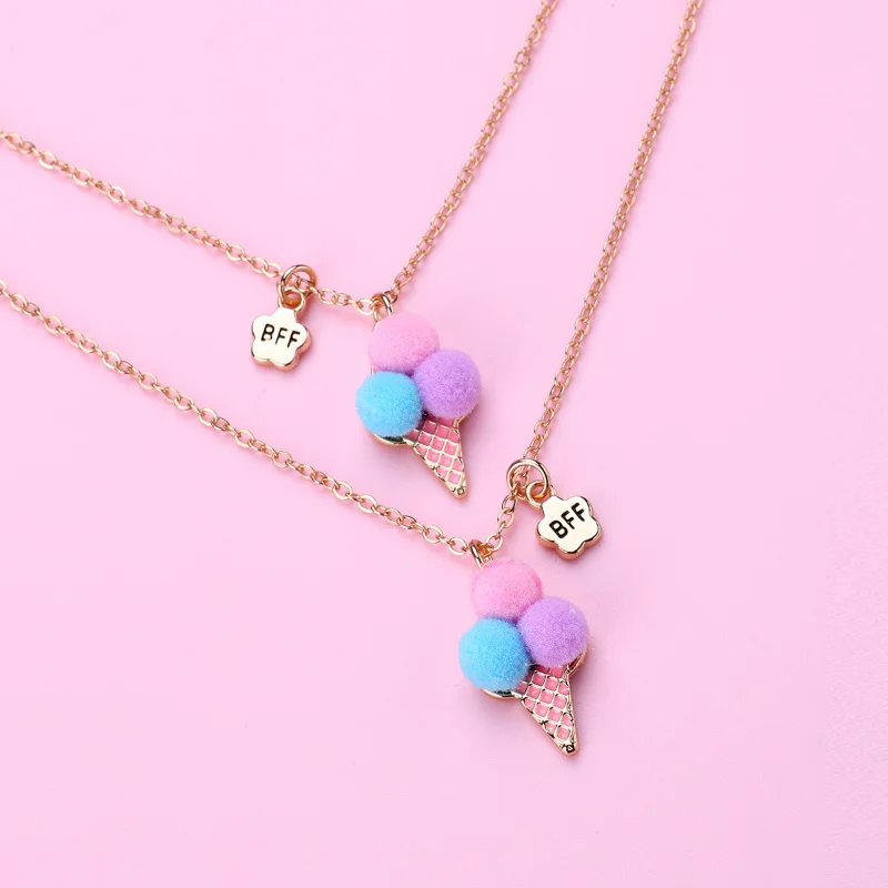 Luoluo&baby 2Pcs/Set Cute Ice Cream Plush Ball Best Friends Necklace Pendant Chain BFF Friendship Jewelry Gifts For Kids