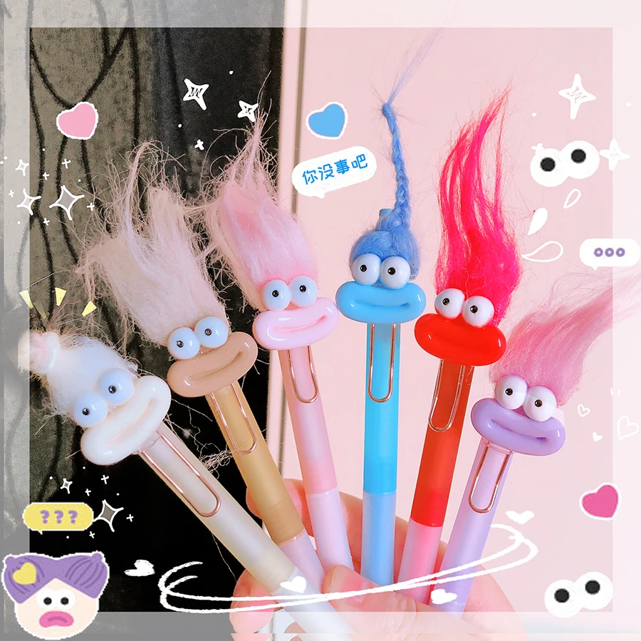 Kawaii Ugly Big Eyes Fluffy Black Ink Gel Pen School Office Supplies Stationery Gift Students Cute pens pretty aesthetic