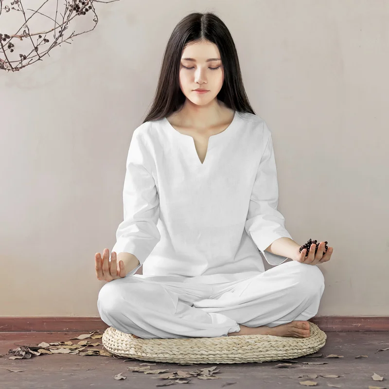 Zen/Yoga Practice uniform for Women - Loose-Fit Linen/Cotton Two-Piece White Buddhist Meditation Outfit,Wushu Kungfu Taiji set
