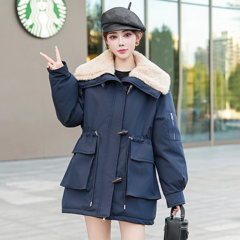 2025 Nuovo Inverno Giacca In Pile Allentato Addensato Parka da Donna in Pelle di Pecora Imbottiture Cappotto di Cotone Tasca Risvolto Caldo Lungo Della Tuta Sportiva di Tendenza