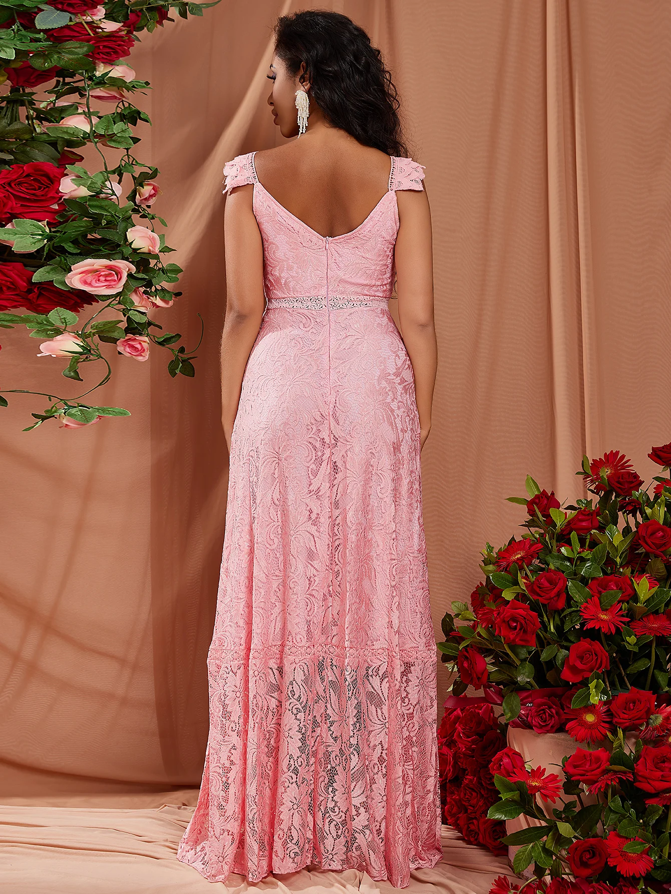 Gorgeous mermaid pink embroidered floral lace Sexy Homecoming dress V-neck backless special ball dress