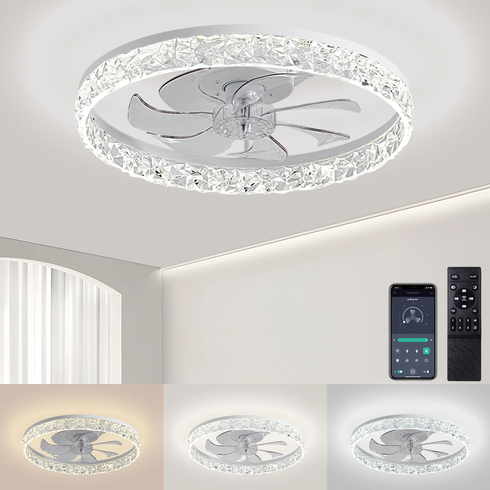 

Crystal Trim Ceiling Fan Light! Silent DC Motor LED Chandelier, 48 Inch Flush Mount for Living Room Bedroom, 2024 Hot Selling