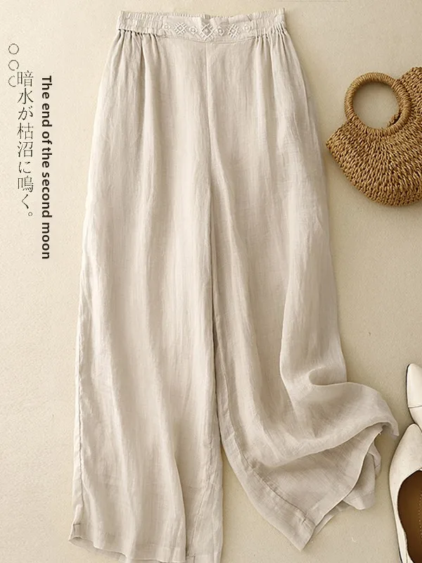 Ele Embroidered Wide Leg Pants Women's Summer Lightweight Drifting Double Layer Linen Straight Long Casual Skirt Pants