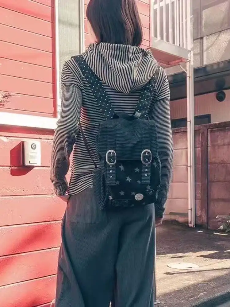 허지어스킨 2025년 봄 Y2K 물방울무늬 스트라이프 별무늬 데님 여성 백팩 책가방 숄더백 소프트 출퇴근 스타일 폴리에스터 안감