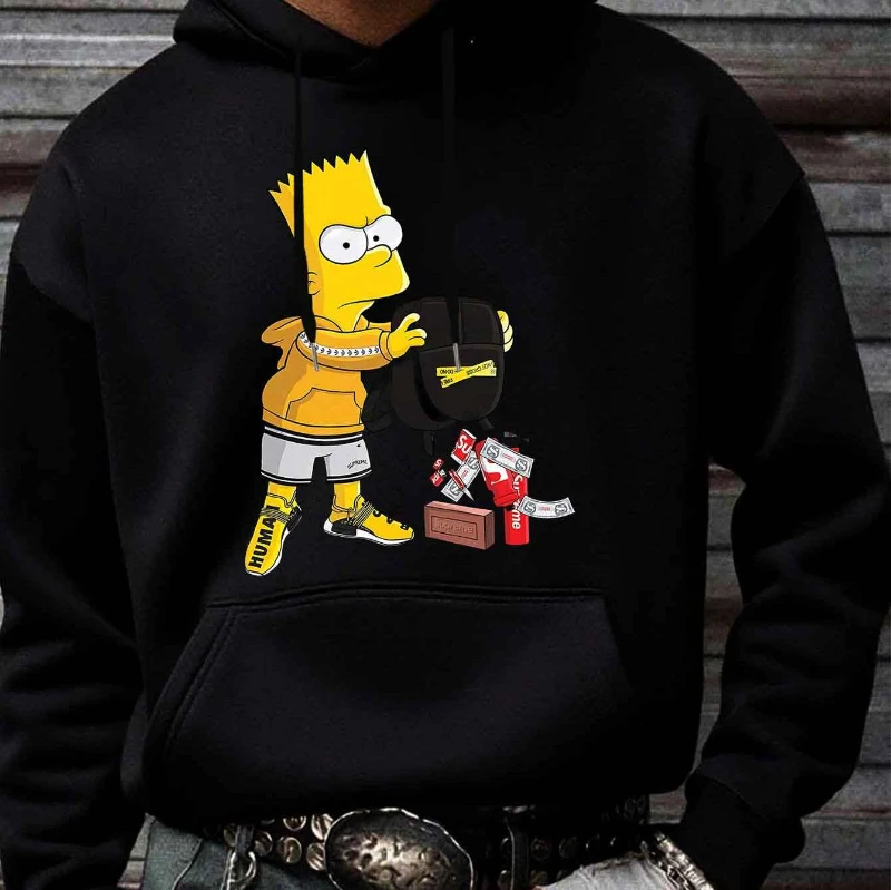 سويت شيرت بقلنسوة للرجال من The Simpsons مع نص نمط طباعة الرسوم المتحركة Bart للخريف والشتاء. قميص مقنع للرجال جديد