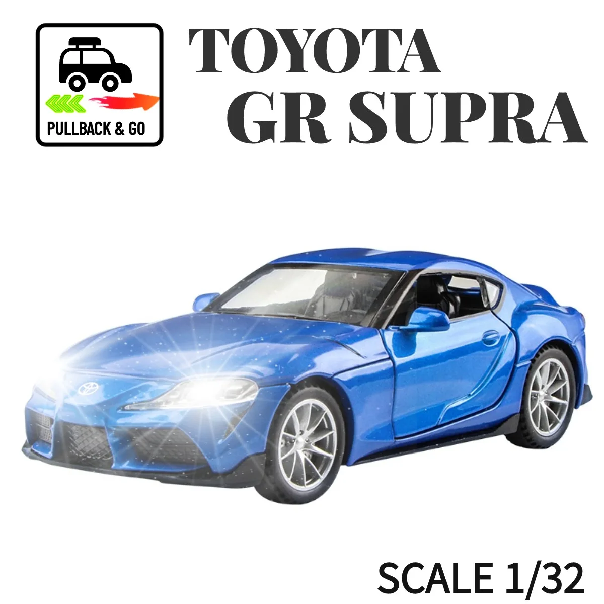 

1:32 Toyota GR Supra Pullback Car Toy with Lights Engine Sound, Scale Diecast Car Model Replica Kid Boy Play Gift