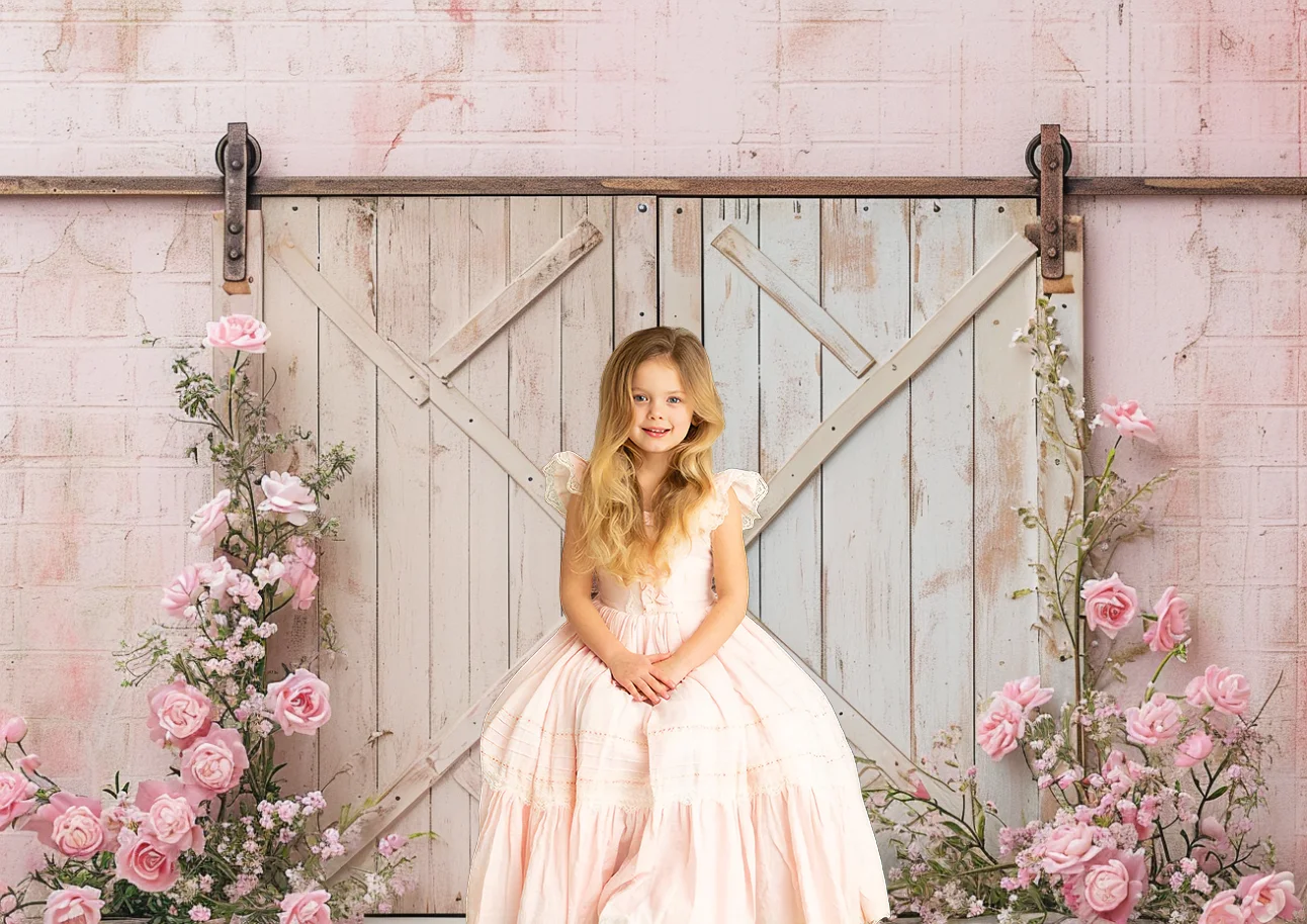 Spring Photography Backdrop Wooden Door Pink Paint Floral Light Violet Pastoral Baby Birthday Portrait Background Photo Studio