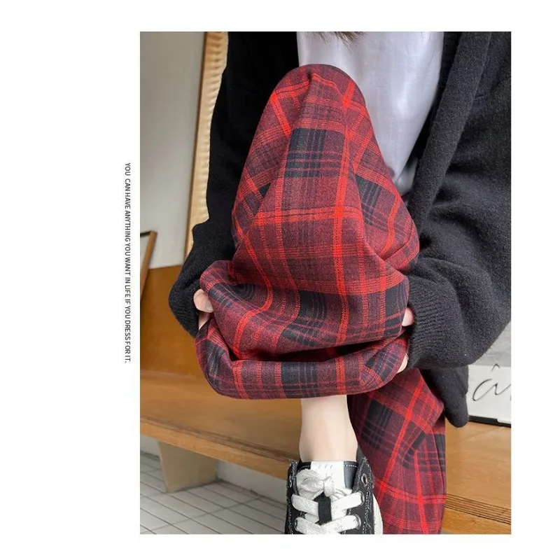 レトロな格子柄の女性用秋物ハイウエストルーズスリムストレートリラックスカジュアルワイドレッグパンツ