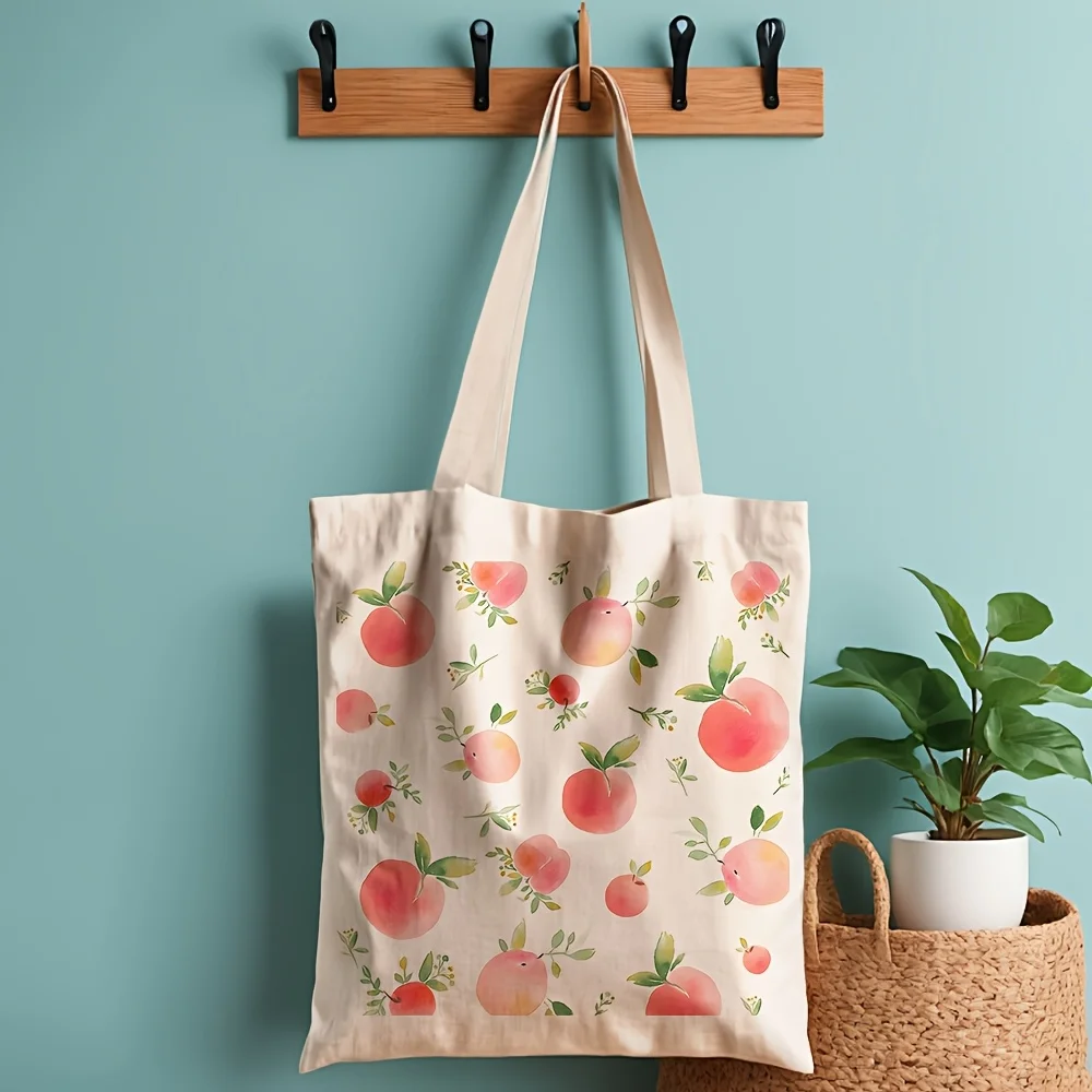 A Watercolor Peach Leaf Pattern Print Canvas Tote Bag, Suitable For Daily Use, Shopping, School, And Travel