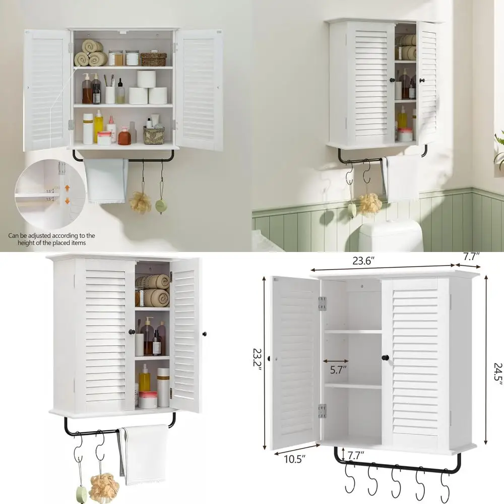 

White Wooden Over-the-Toilet Wall Cabinet with 2 Doors and Hooks for Bathroom Storage