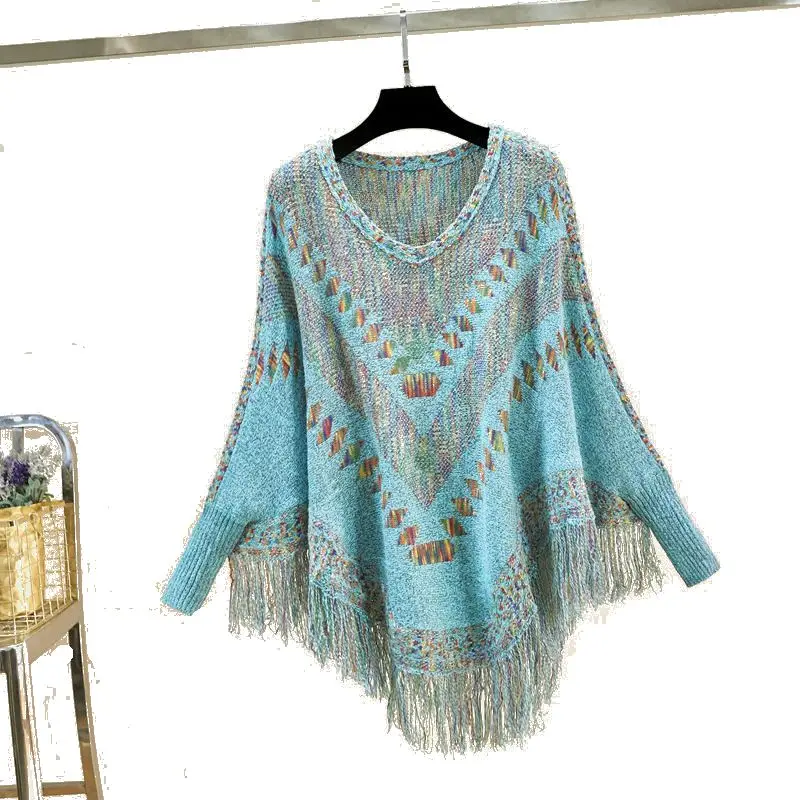 New Women Vintage Patchwork Tassel Tricot Pullover Poncho Female Batwing Sleeve Oversize Knit Shawl ponchos and Capes sweaters